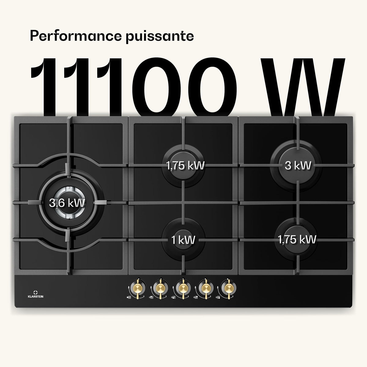 Klarstein Table de Cuisson à Gaz avec 5 Brûleurs – Plaque de Cuisson Encastrable 11100W, Surface en Acier Inoxydable, Compatible GPL