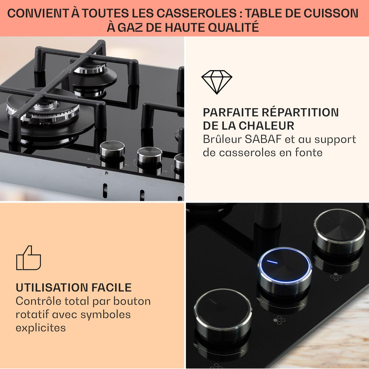 Klarstein Plaque de Cuisson à Gaz 4 Feux, Table de Cuisson 4 Brûleurs, 8.5 kW, Piano Cuisine en Acier Inoxydable, Encastrable, Inox
