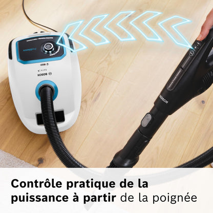 Bosch Electroménager, Série 6, ProSilence BGB6SIL1, aspirateur traîneau avec sac, niveau sonore de 66 dB(A), filtre hygiénique HEPA, moteur puissant, blanc