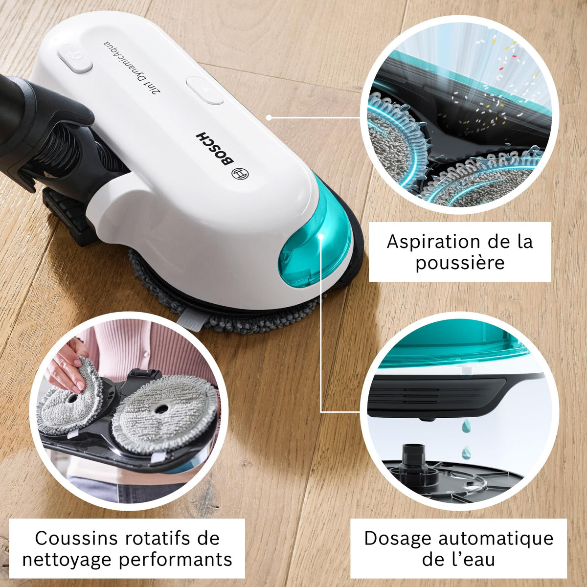 Bosch, aspirateur sans Fil 2 en 1, Unlimited 7 ProHygiène, Brosse Aqua 2 en 1, la Brosse motorisée AllFloor DynamicPower, Blanc, BCS71HYG2