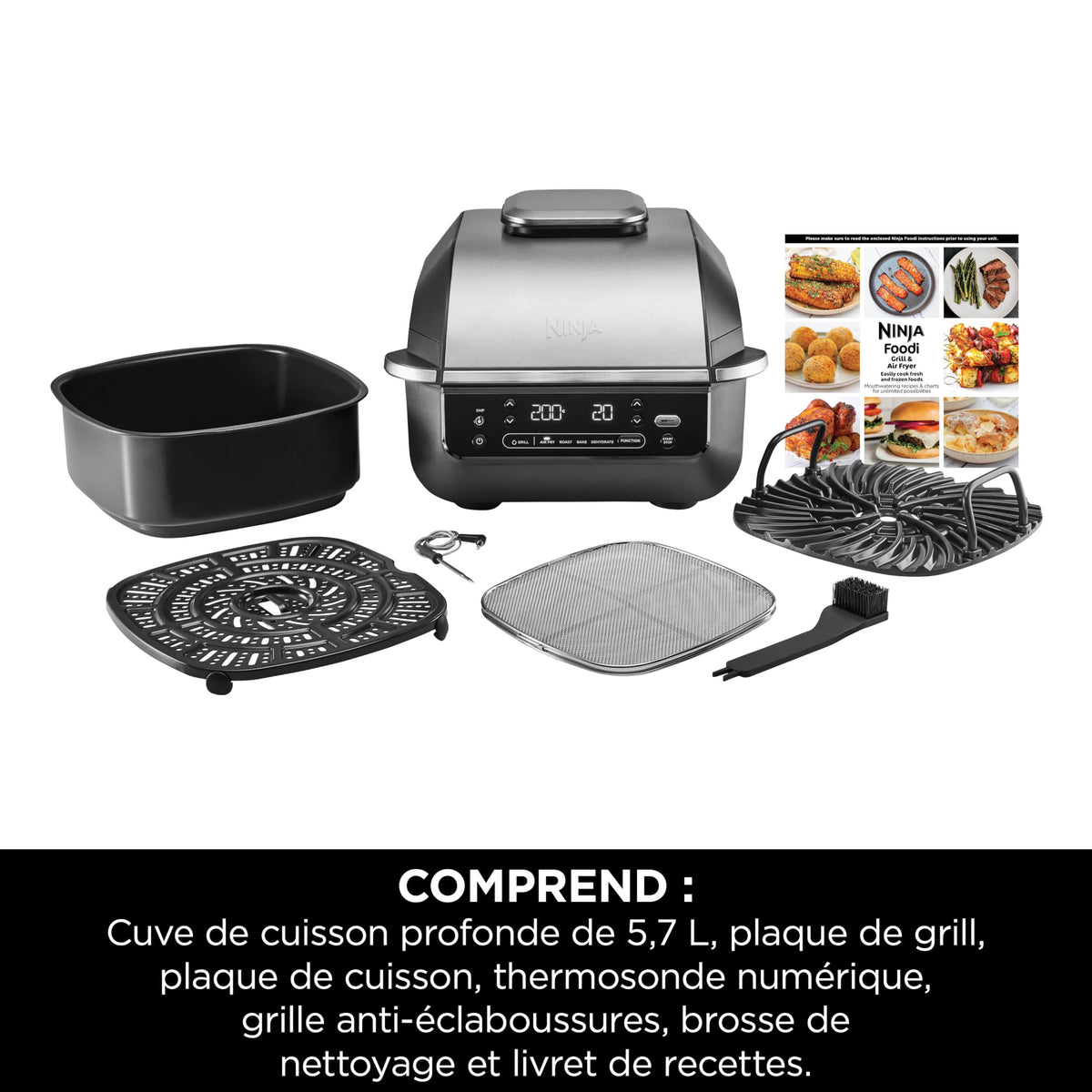 Ninja 5-en-1 Grill d’intérieur et friteuse sans huile, 5 modes, cuit jusqu’à 4 hamburgers, capacité 5,7 l, faible dégagement de fumée, thermomètre à viande numérique inclus, Noir/Argent, EG351EU