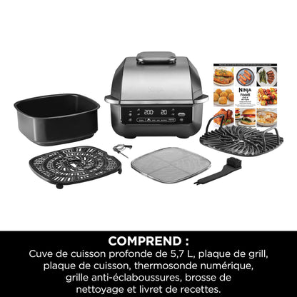 Ninja 5-en-1 Grill d’intérieur et friteuse sans huile, 5 modes, cuit jusqu’à 4 hamburgers, capacité 5,7 l, faible dégagement de fumée, thermomètre à viande numérique inclus, Noir/Argent, EG351EU