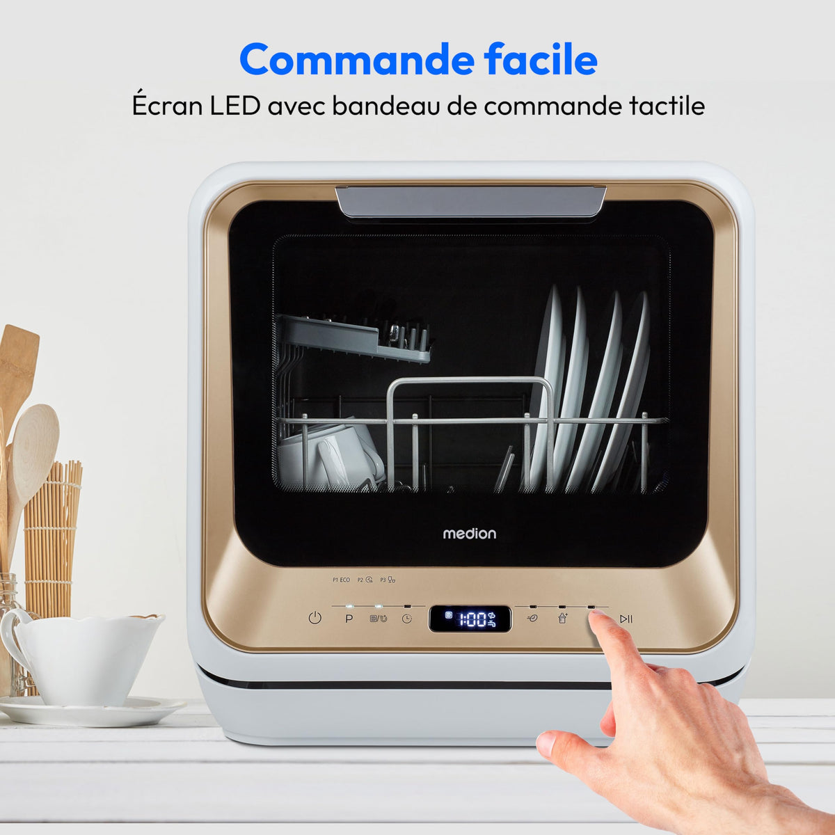 MEDION Mini lave-vaisselle DWT20 (lave-vaisselle de table, lave-vaisselle, 2 couverts, fonctionne avec/sans raccordement à l'eau, 6 programmes de nett