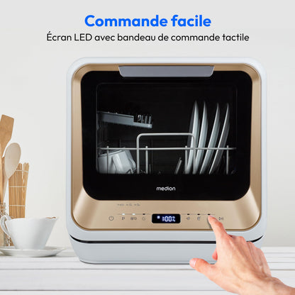 MEDION Mini lave-vaisselle DWT20 (lave-vaisselle de table, lave-vaisselle, 2 couverts, fonctionne avec/sans raccordement à l'eau, 6 programmes de nett