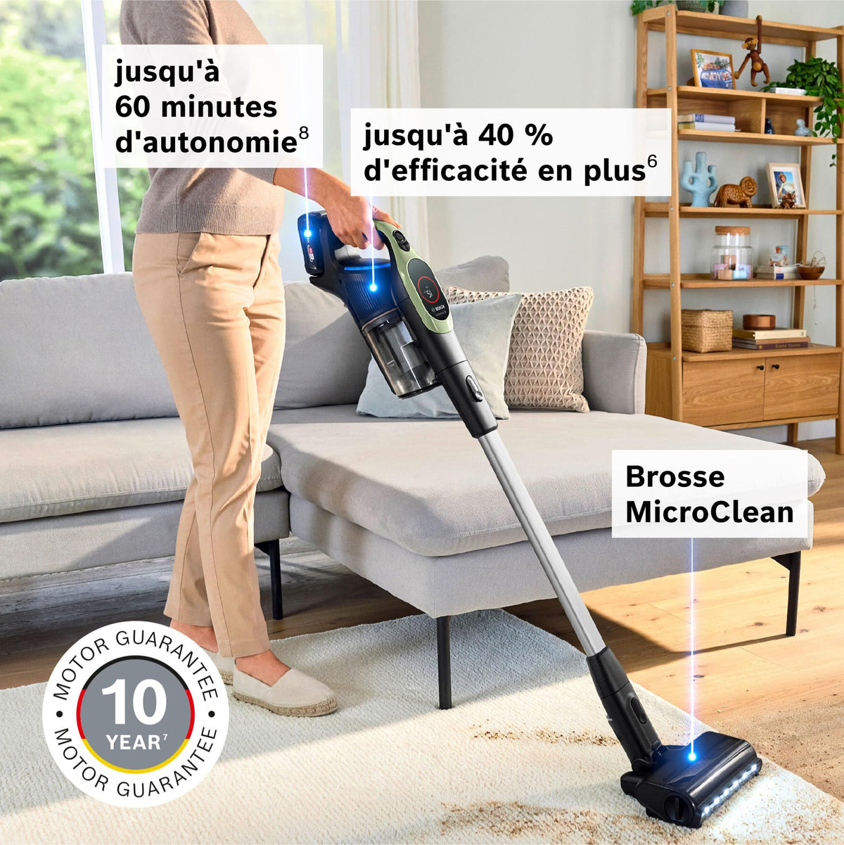 Bosch, aspirateur Balai sans Fil, Unlimited 9, Batterie 3.0 Ah, Technologie MicroClean, bac à poussières Facile à Vider, éclairage LED, Vert, BBS921TBA