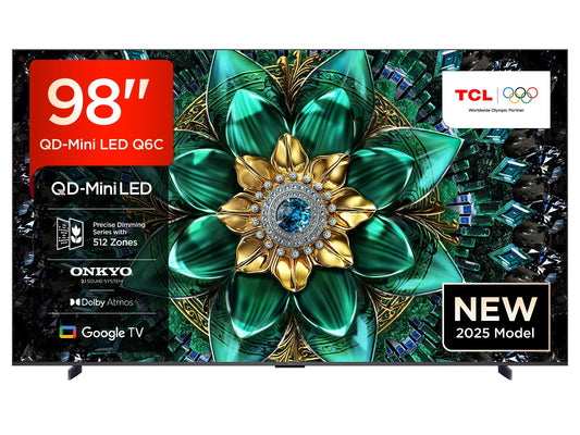 TCL 98Q6C QD-Mini LED TV, 4K HDR Premium 1000nits, Smart TV alimenté par Google (Dolby Vision IQ et Atmos, Panneau HVA Mat, système Audio Onkyo 2.1, Motion Clarity Pro 144Hz)