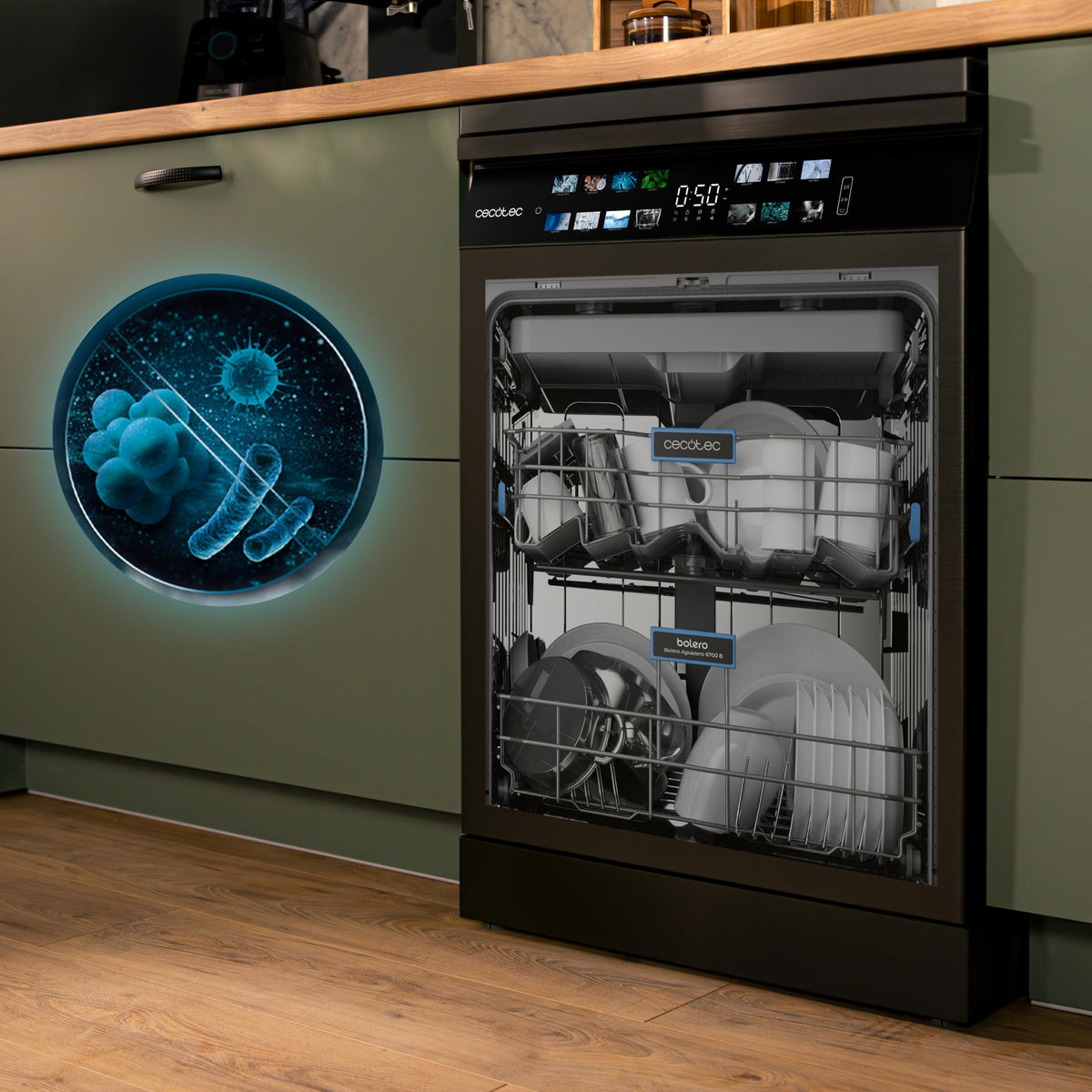 Cecotec Lave-vaisselle 60cm Bolero Aguazero 6700 Dark B Lave-vaisselle foncé, 15 couverts, Classe B, Moteur Inverter Plus, O2 Dry, Lavage Double Zone,