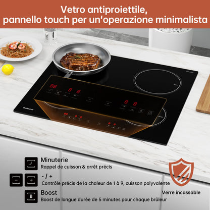 Gudsunal Plaque induction 4 feux, Table de Cuisson Encastrable,7200W, 9 niveaux de chauffage,Boost, Minuterie, Arrêt automatique, Verrouillage de sécu