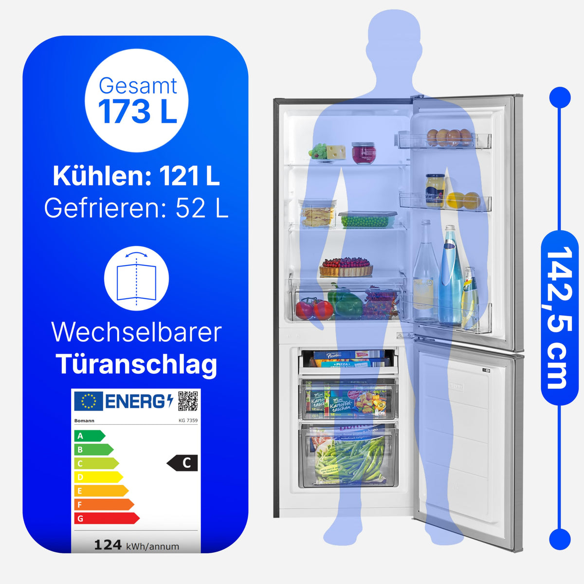 Bomann, Réfrigérateur et Congélateur 173L Inox KG7359 - Réfrigérateur 121L, Congélateur 52L, Éclairage LED, Contrôle Température, Alarme Ouverture, Économie Énergie, Dimensions 142,5x49,5x56 cm
