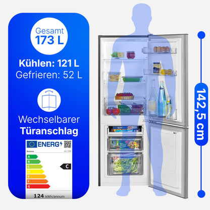 Bomann, Réfrigérateur et Congélateur 173L Inox KG7359 - Réfrigérateur 121L, Congélateur 52L, Éclairage LED, Contrôle Température, Alarme Ouverture, Économie Énergie, Dimensions 142,5x49,5x56 cm