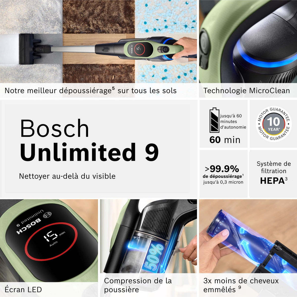 Bosch, aspirateur Balai sans Fil, Unlimited 9, Batterie 3.0 Ah, Technologie MicroClean, bac à poussières Facile à Vider, éclairage LED, Vert, BBS921TBA