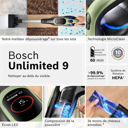 Bosch, aspirateur Balai sans Fil, Unlimited 9, Batterie 3.0 Ah, Technologie MicroClean, bac à poussières Facile à Vider, éclairage LED, Vert, BBS921TBA