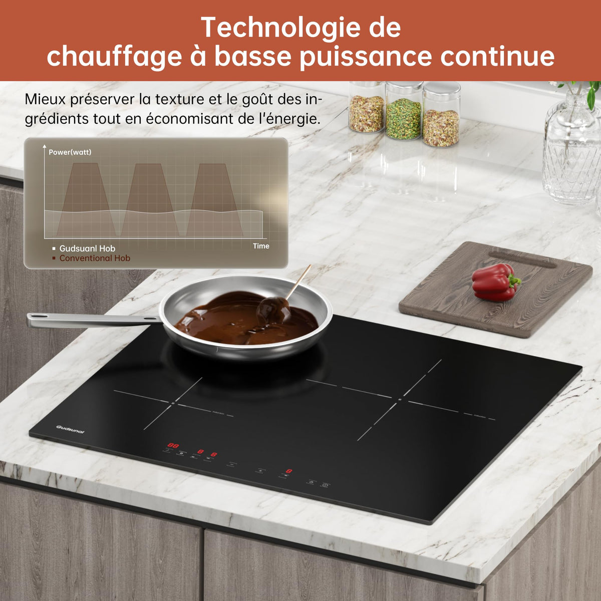 Gudsunal Plaque induction 3 feux, Table de Cuisson Encastrable,7200W, 9 niveaux de chauffage,Boost, Minuterie, Arrêt automatique, Verrouillage de sécurité enfant