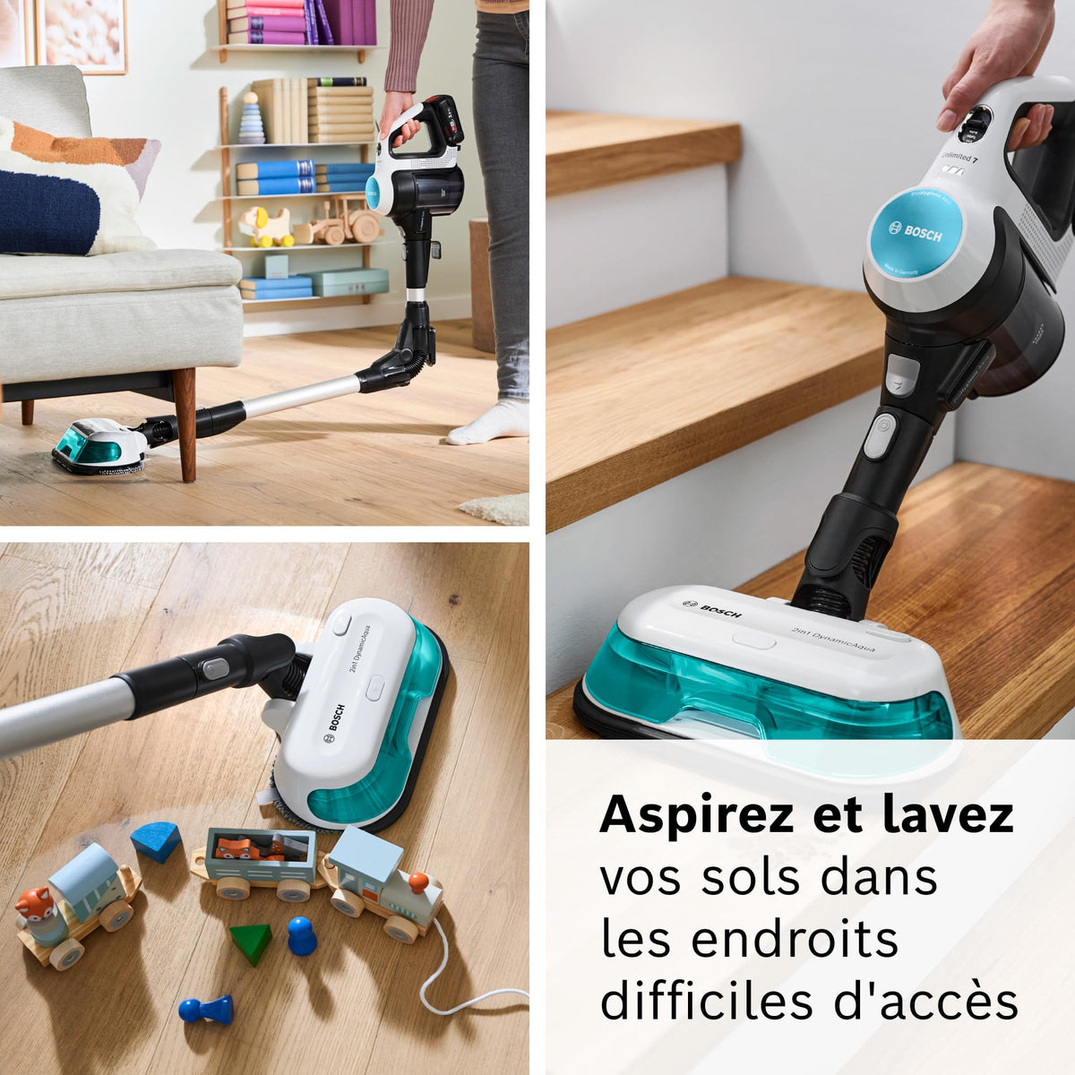 Bosch, aspirateur sans Fil 2 en 1, Unlimited 7 ProHygiène, Brosse Aqua 2 en 1, la Brosse motorisée AllFloor DynamicPower, Blanc, BCS71HYG2