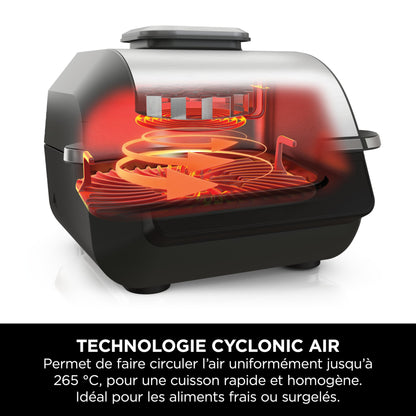 Ninja 5-en-1 Grill d’intérieur et friteuse sans huile, 5 modes, cuit jusqu’à 4 hamburgers, capacité 5,7 l, faible dégagement de fumée, thermomètre à viande numérique inclus, Noir/Argent, EG351EU