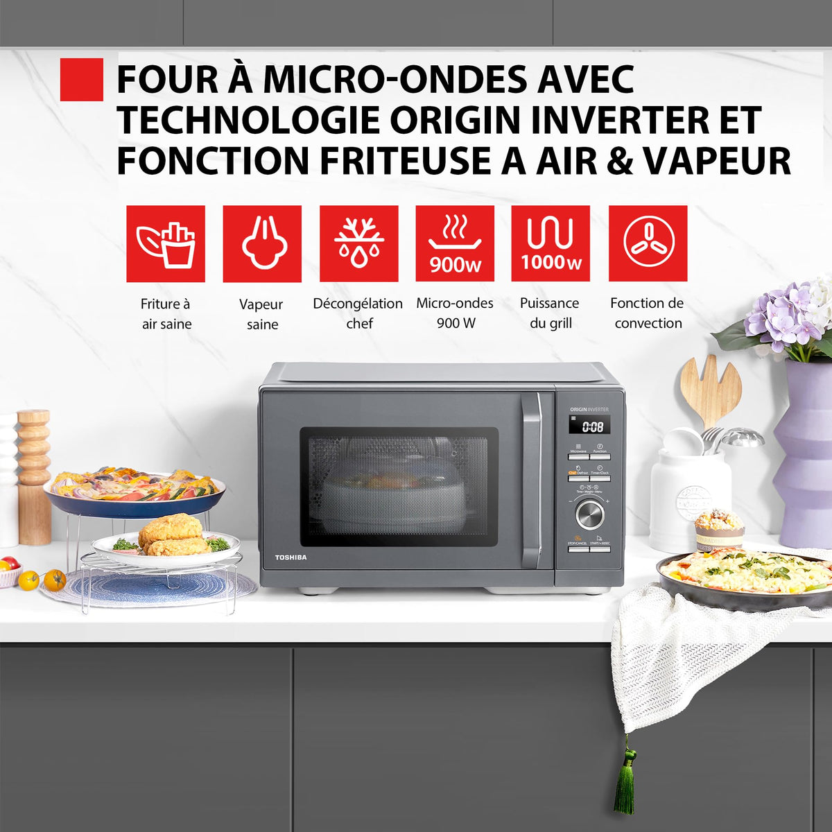 Toshiba MW3-AC26PFI(MG) Four à Micro-ondes 26L Air chaud combiné, 6-en-1 900W avec Cuiseur Vapeur en Gris Morandi, 6 Programmes 10 Niveaux de Puissanc