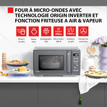 Toshiba MW3-AC26PFI(MG) Four à Micro-ondes 26L Air chaud combiné, 6-en-1 900W avec Cuiseur Vapeur en Gris Morandi, 6 Programmes 10 Niveaux de Puissanc