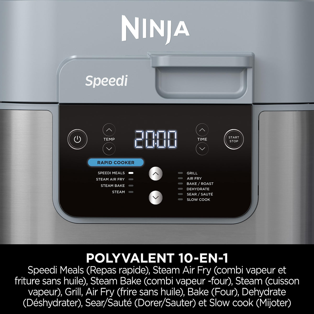 Ninja Speedi 10-en-1 Cuiseur rapide, Air Fryer, Friteuse à air et Multicuiseur, 5.7L, Repas pour 4 en 15 minutes, Vapeur, Gril, Cuire au four, Rôtir, Saisir, Mijoter et plus, Gris Sel de Mer, ON400EU