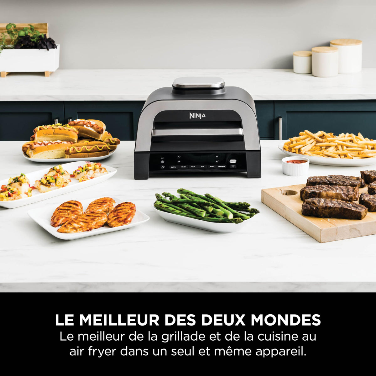 Ninja MAX 6-en-1 Grill d’intérieur et friteuse sans huile, 6 modes, cuit jusqu’à 6 hamburgers, capacité 3,8 l, faible dégagement de fumée, thermomètre à viande numérique inclus, Gris/Argent, DG551EU