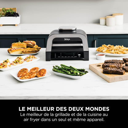 Ninja MAX 6-en-1 Grill d’intérieur et friteuse sans huile, 6 modes, cuit jusqu’à 6 hamburgers, capacité 3,8 l, faible dégagement de fumée, thermomètre à viande numérique inclus, Gris/Argent, DG551EU