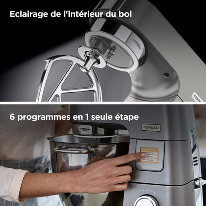 Kenwood Titanium Chef Patissier XL KWL90.034SI, Robot Patissier Balance Intégrée, Batteur K, Pétrin, Fouet, Batteur Souple, Deux Bols, Couvercle Anti-Projections, 1400W, Acier, Argent