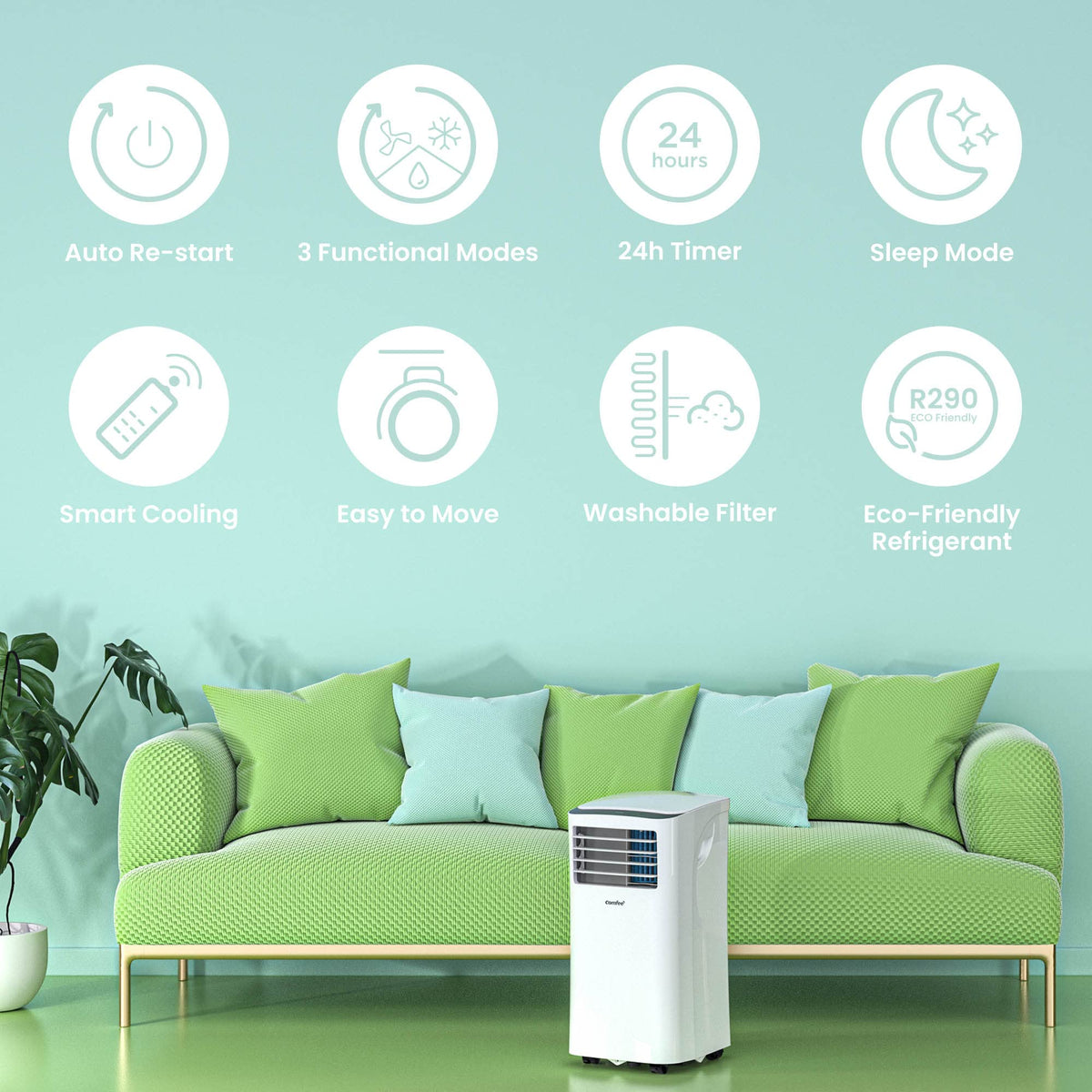 COMFEE' Climatiseur Mobile 8000 BTU/h 2,3kW, 3-EN-1 Refroidisseur Déshumidificateur Ventilateur, Fonction Follow me, Minuterie, Pour salon et appartement de 29㎡/78m³, MPPH-08CRN7, R290