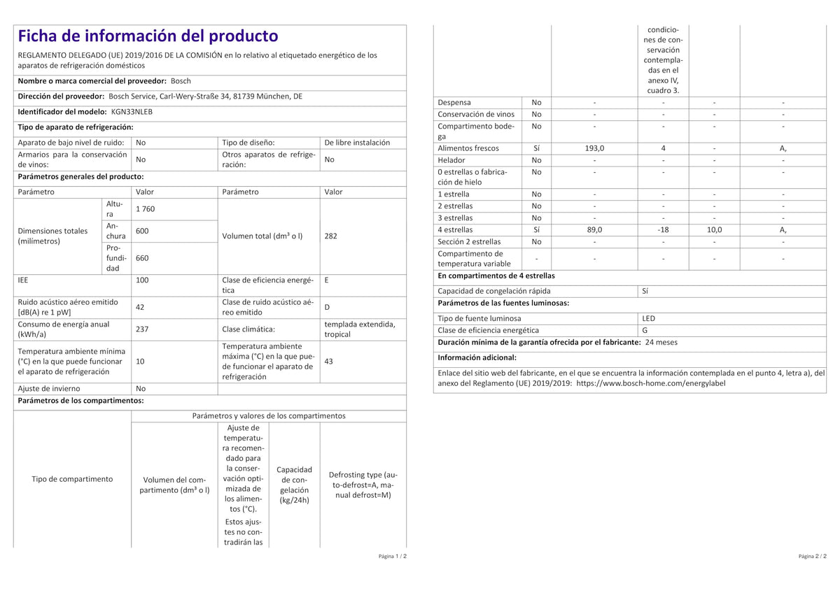 Bosch KGN33NLEB Série 2 Réfrigérateur combiné pose-libre - 282L - L 60cm x H 176cm - Inox