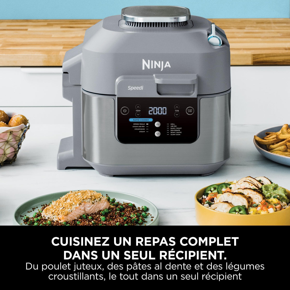 Ninja Speedi 10-en-1 Cuiseur rapide, Air Fryer, Friteuse à air et Multicuiseur, 5.7L, Repas pour 4 en 15 minutes, Vapeur, Gril, Cuire au four, Rôtir, Saisir, Mijoter et plus, Gris Sel de Mer, ON400EU
