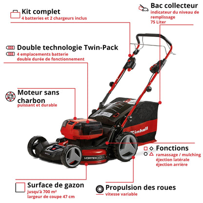 Einhell Professional Tondeuse à gazon sans fil GP-CM 36/47 S HW Li Power X-Change (36V, 47 cm largeur de coupe, autotractée, moteur sans charbon) Livré avec 4 Batteries 4,0Ah et 2 Chargeurs Doubles
