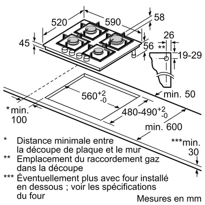 Bosch PPP6A6I40, Série 6, Plaque gaz, 4 feux, 60 cm, Verre trempé noir