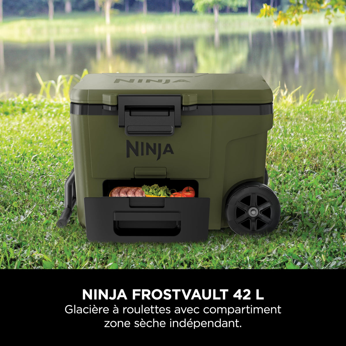 Ninja FrostVault Glacière Robuste et Isotherme, avec Roues et tiroir de Stockage à Sec Dry Zone, Conserve la Glace Plusieurs Jours, Olive