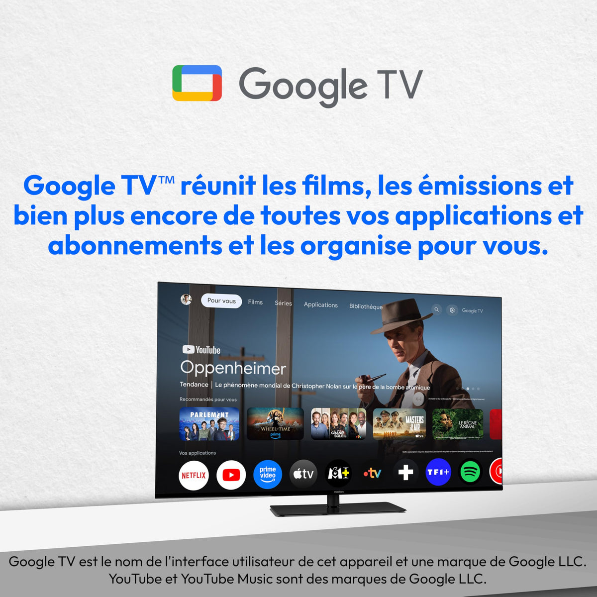 MEDION TV 50 Pouces (125,7 cm) Television (Smart TV, 4K, Dolby Vision HDR, Prime Video, Disney+, Dolby Atmos, DTS X, Compatible avec Google TV, PVR, Bluetooth, MD 850400)