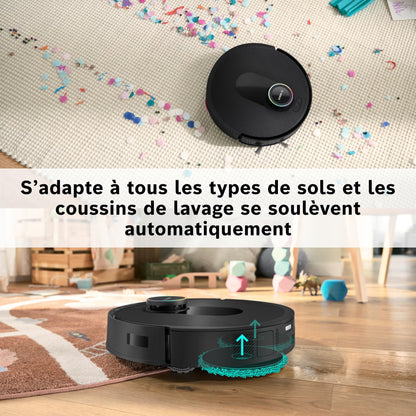 Bosch Spotless Max Cam BCRDW3BX, Robot aspirateur-Laveur avec caméra Smart Vision, serpillère rotative, 11 000 Pa, Station de Service sèche-Humide, Application Home Connect, Noir