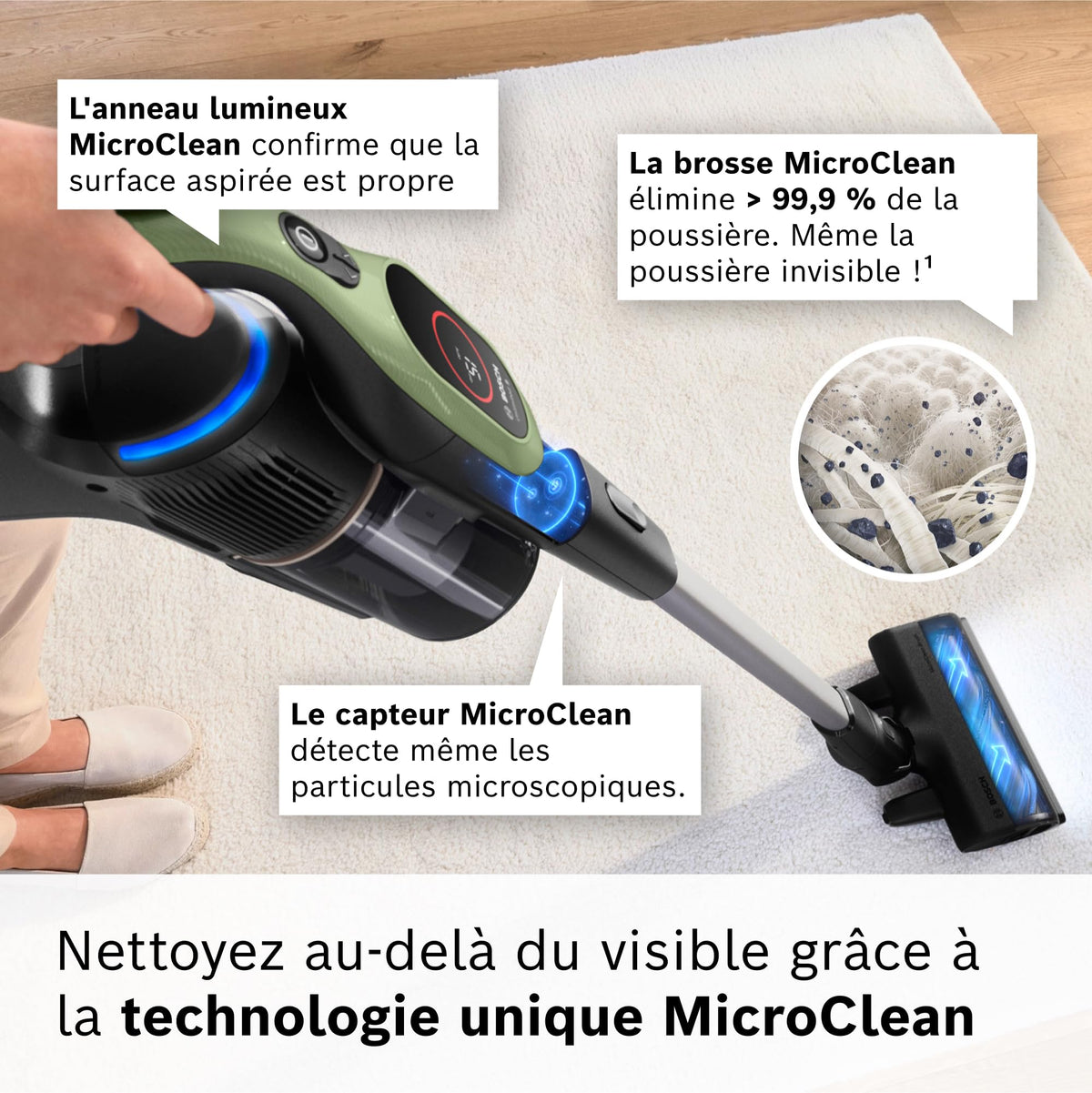 Bosch, aspirateur Balai sans Fil, Unlimited 9, Batterie 3.0 Ah, Technologie MicroClean, bac à poussières Facile à Vider, éclairage LED, Vert, BBS921TBA