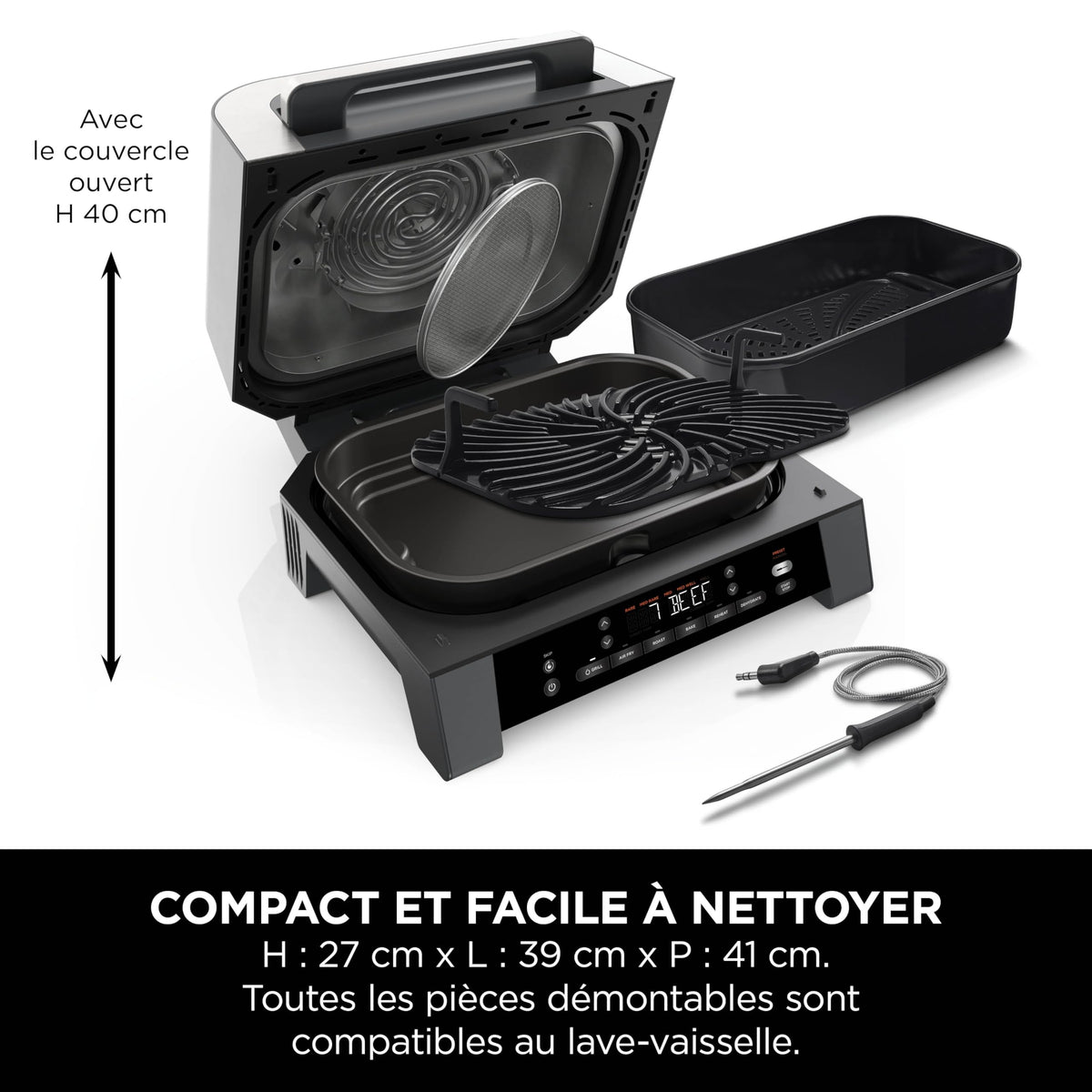 Ninja MAX 6-en-1 Grill d’intérieur et friteuse sans huile, 6 modes, cuit jusqu’à 6 hamburgers, capacité 3,8 l, faible dégagement de fumée, thermomètre à viande numérique inclus, Gris/Argent, DG551EU