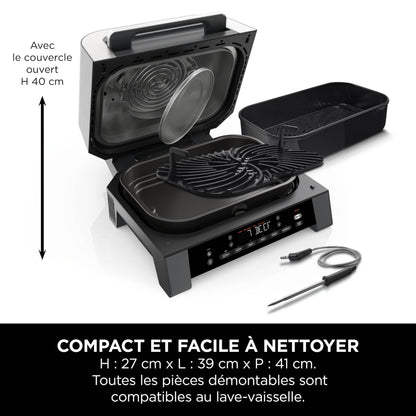 Ninja MAX 6-en-1 Grill d’intérieur et friteuse sans huile, 6 modes, cuit jusqu’à 6 hamburgers, capacité 3,8 l, faible dégagement de fumée, thermomètre à viande numérique inclus, Gris/Argent, DG551EU