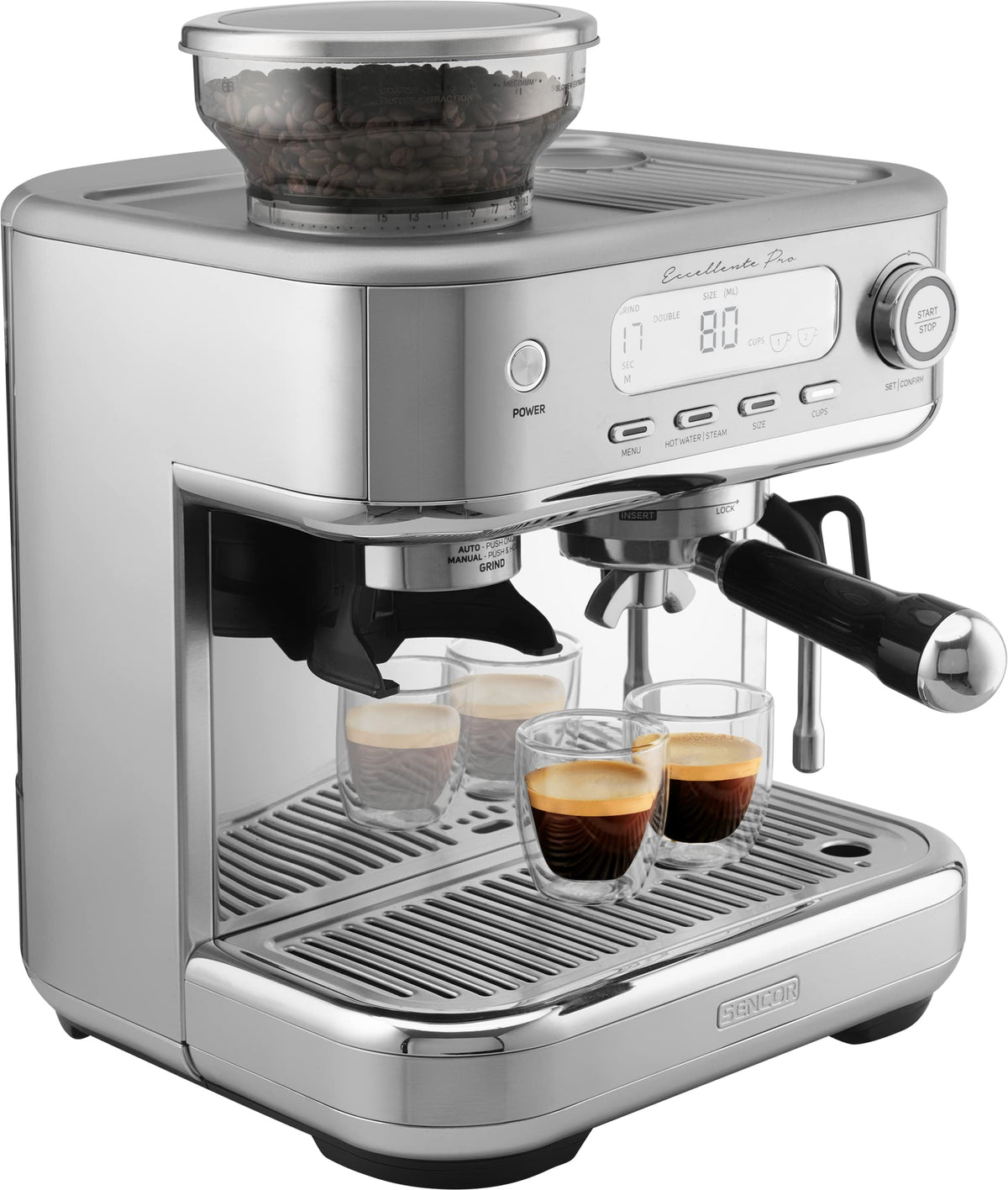 SENCOR Machine Expresso, Mousseur à lait, Broyeur Café à Grain, Ecran LCD, Caftière Espresso, Cappuccino, Expresso avec Broyeur Barista Express, Excellence plus, Réservoir Eau et Café Grande Capacité