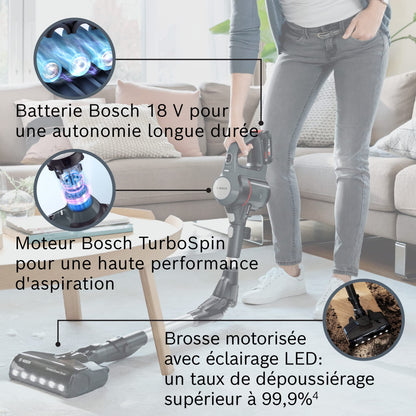 Bosch Electroménager Unlimited 7, BBS712A, aspirateur Balai, 2 Batteries 3.0 Ah Power for All, autonomie de 40 Min par Batterie, Tube Flexible, Poids léger, Accessoires, éclairage LED, Anthracite