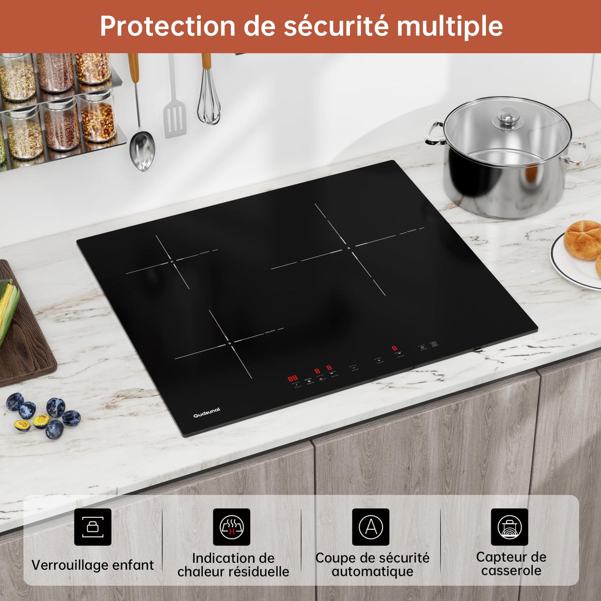 Gudsunal Plaque induction 3 feux, Table de Cuisson Encastrable,7200W, 9 niveaux de chauffage,Boost, Minuterie, Arrêt automatique, Verrouillage de sécurité enfant