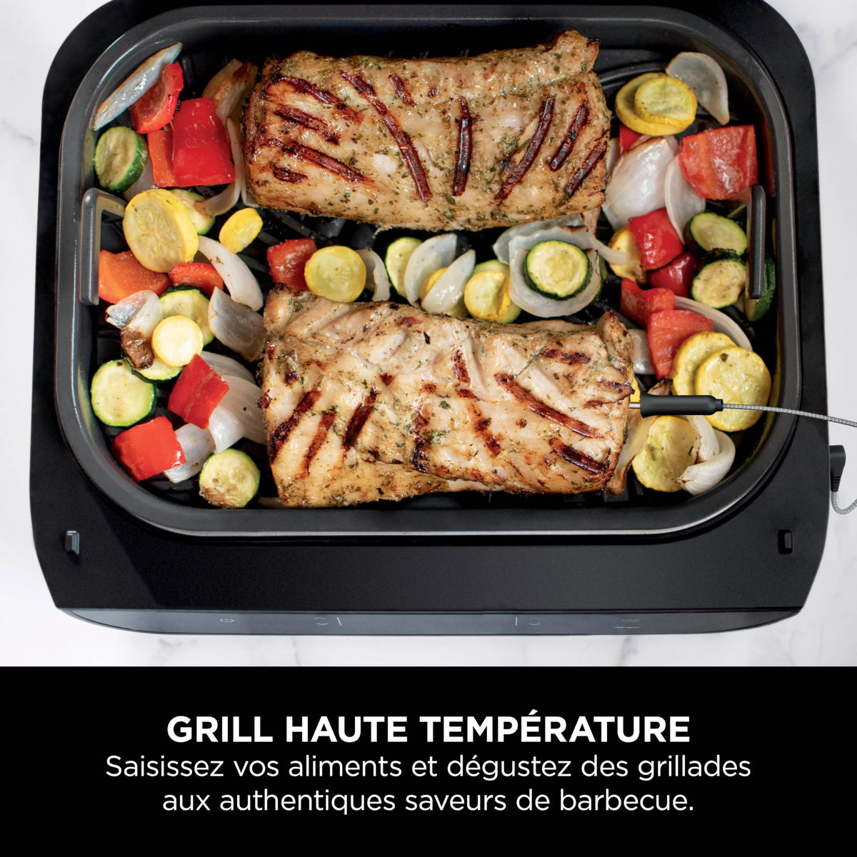 Ninja MAX 6-en-1 Grill d’intérieur et friteuse sans huile, 6 modes, cuit jusqu’à 6 hamburgers, capacité 3,8 l, faible dégagement de fumée, thermomètre à viande numérique inclus, Gris/Argent, DG551EU