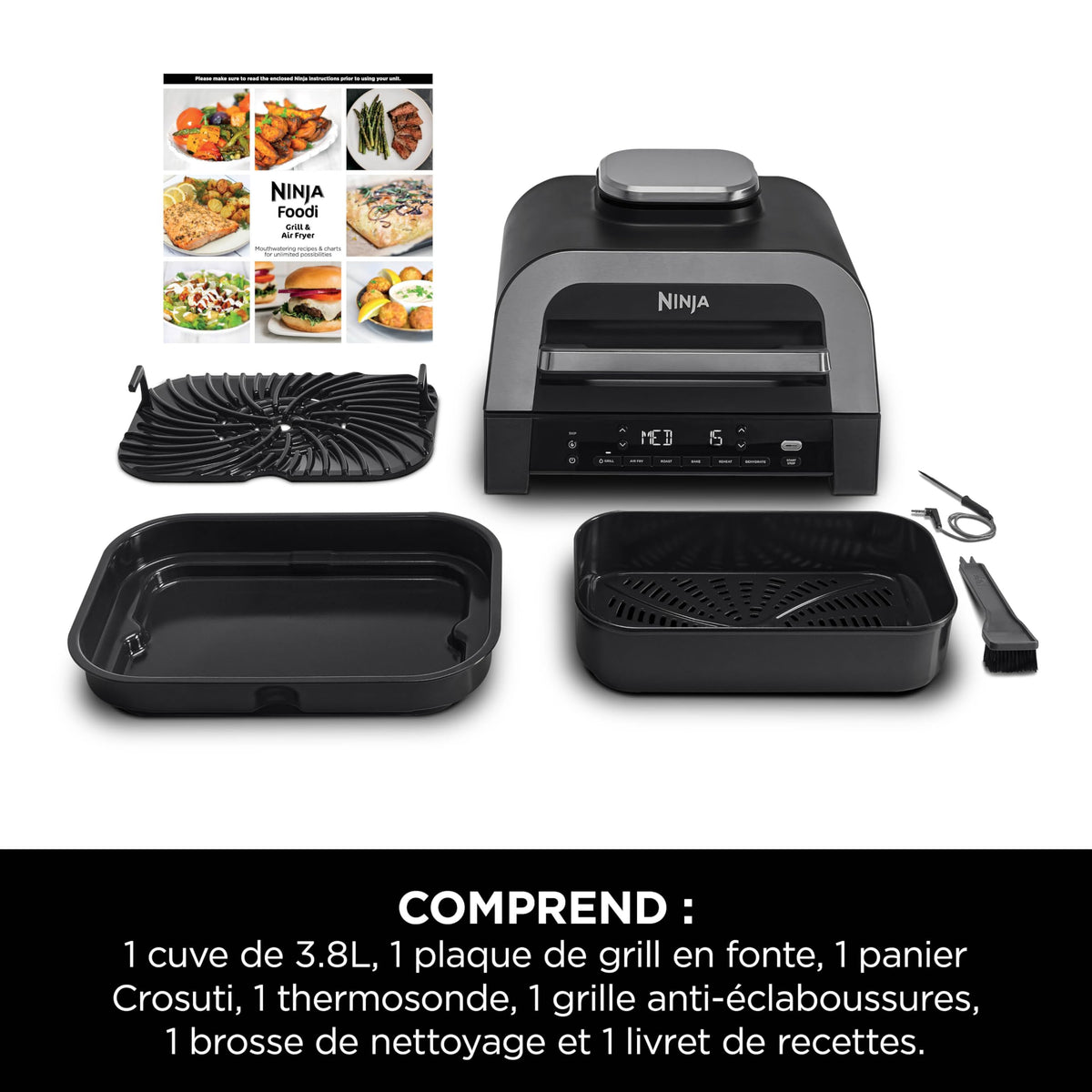 Ninja MAX 6-en-1 Grill d’intérieur et friteuse sans huile, 6 modes, cuit jusqu’à 6 hamburgers, capacité 3,8 l, faible dégagement de fumée, thermomètre à viande numérique inclus, Gris/Argent, DG551EU