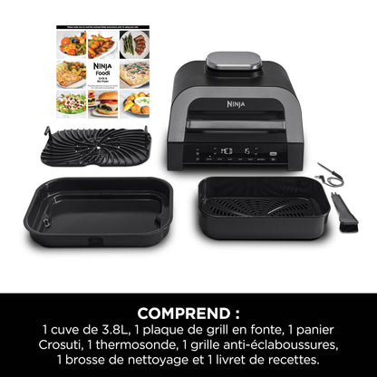 Ninja MAX 6-en-1 Grill d’intérieur et friteuse sans huile, 6 modes, cuit jusqu’à 6 hamburgers, capacité 3,8 l, faible dégagement de fumée, thermomètre à viande numérique inclus, Gris/Argent, DG551EU