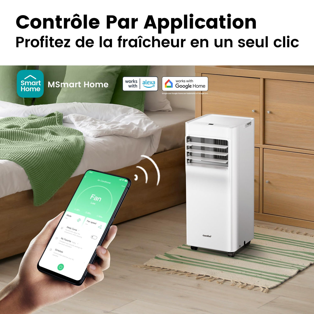 COMFEE' Climatiseur Mobile 7000 BTU/h 2kW, Contrôle APP, 3 Modes, 3 Vitesses de ventilation, Minuterie 24H, Dimensions compactes, Pour pièces de 23㎡, Breezy Cool 2.0, Fonctionne avec Alexa