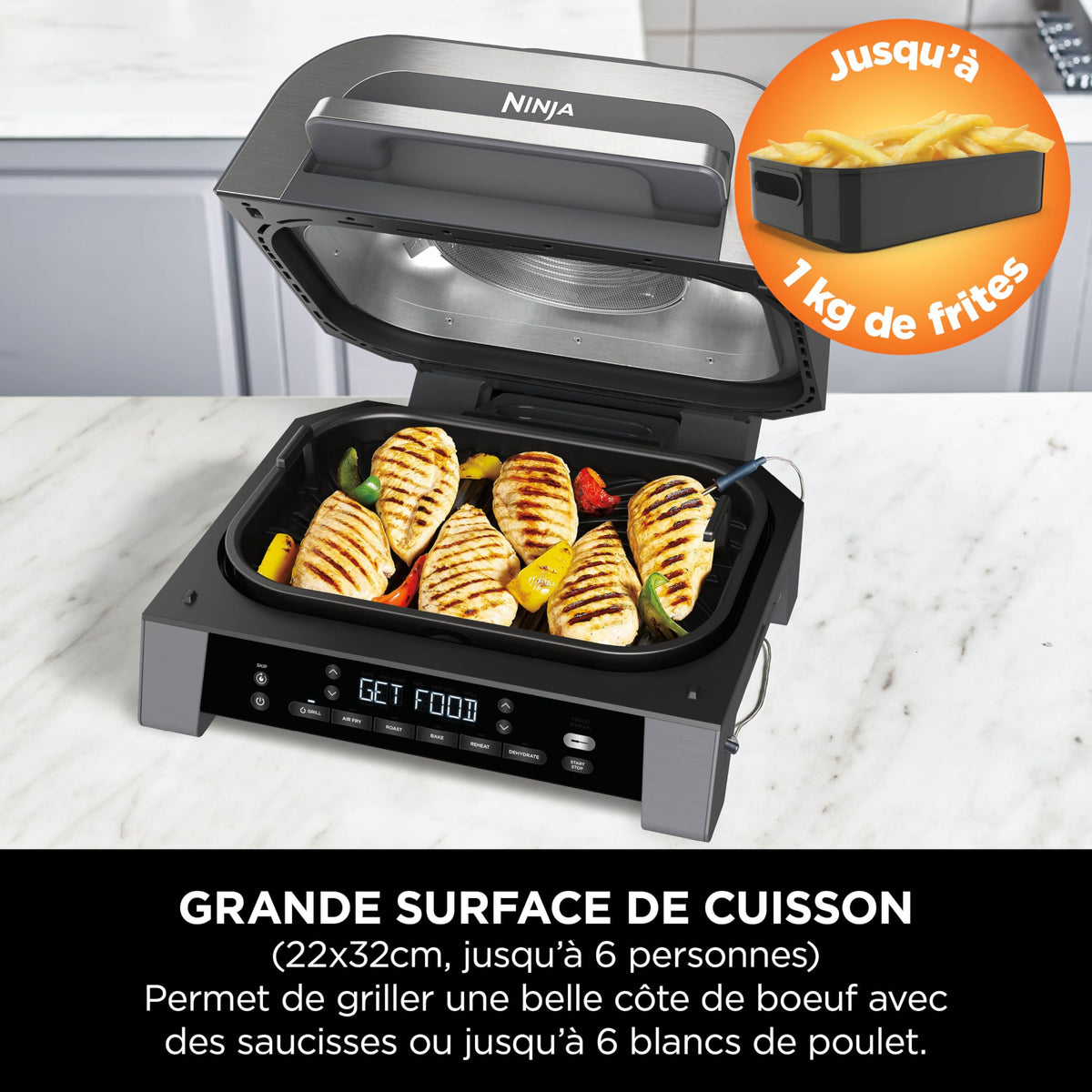 Ninja MAX 6-en-1 Grill d’intérieur et friteuse sans huile, 6 modes, cuit jusqu’à 6 hamburgers, capacité 3,8 l, faible dégagement de fumée, thermomètre à viande numérique inclus, Gris/Argent, DG551EU