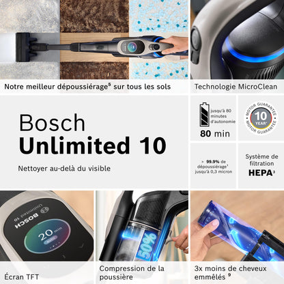 Bosch, aspirateur Balai sans Fil, Unlimited 10, Batterie 4.0 Ah, Technologie MicroClean, bac à poussière Facile à Vider, Tube Flexible, éclairage LED, Rose, BKS1041RHF