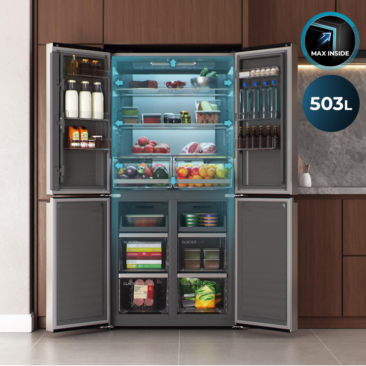 Cecotec Réfrigérateur 4 Portes No Frost Bolero CoolMarket 4D 503 Inox E, 503L, Hauteur 177,5 cm et 85,3 cm Largeur, MetalFlexCooling, Compresseur Inve