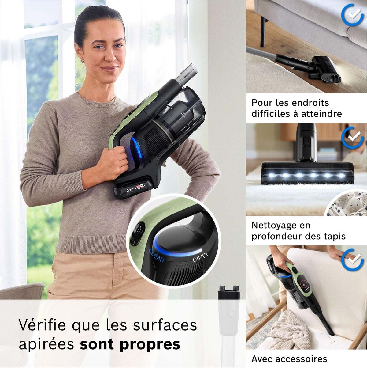 Bosch, aspirateur Balai sans Fil, Unlimited 9, Batterie 3.0 Ah, Technologie MicroClean, bac à poussières Facile à Vider, éclairage LED, Vert, BBS921TBA