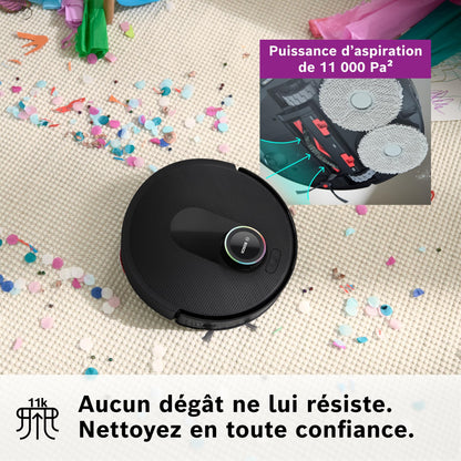 Bosch Spotless Max Cam BCRDW3BX, Robot aspirateur-Laveur avec caméra Smart Vision, serpillère rotative, 11 000 Pa, Station de Service sèche-Humide, Application Home Connect, Noir