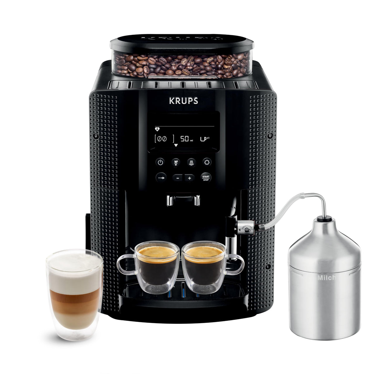 Krups Essential, Machine à café grain, Expresso automatique, 2 tasses simultanées, Ecran LCD, Nettoyage automatique, Buse vapeur, Pot à lait inox Cappuccino, Noire, EA816031