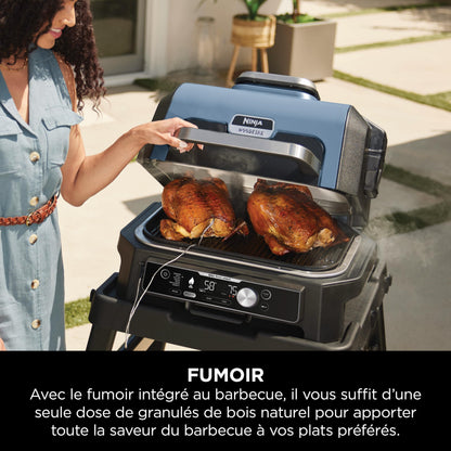 Ninja Woodfire Pro Connect XL Barbecue Électrique & Fumoir avec Contrôle d'Application, 2 Sondes, Grille, Housse, Revêtements & Brosse, Grill & Friteuse sans huile 7-en-1, Bleu & Noir OG901EUAMZ